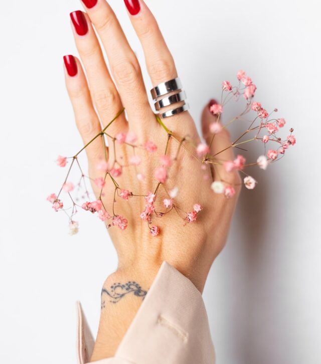 soft-gentle-photo-woman-hand-with-big-ring-red-manicure-hold-cute-little-pink-dried-flowers-white